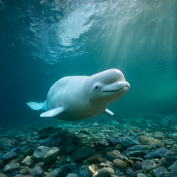 The distinctive white coloration and bulbous melon of an adult beluga.