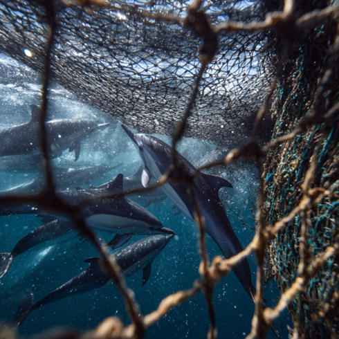 The grim reality—thousands of common dolphins wash ashore annually on French beaches, victims of bycatch in the Bay of Biscay's industrial fisheries.