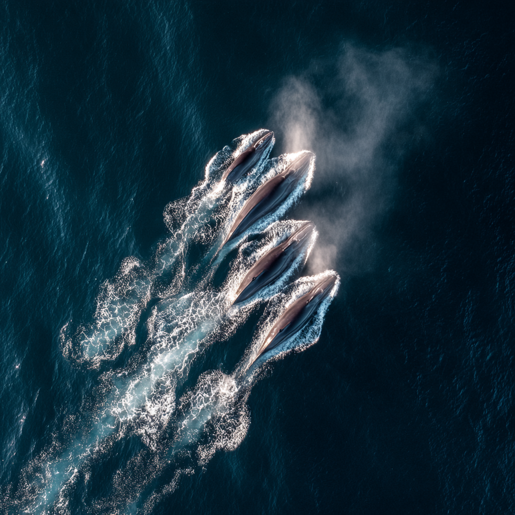 Fin Whales surface to breathe, revealing their distinctive tall blow and sleek dorsal fin.