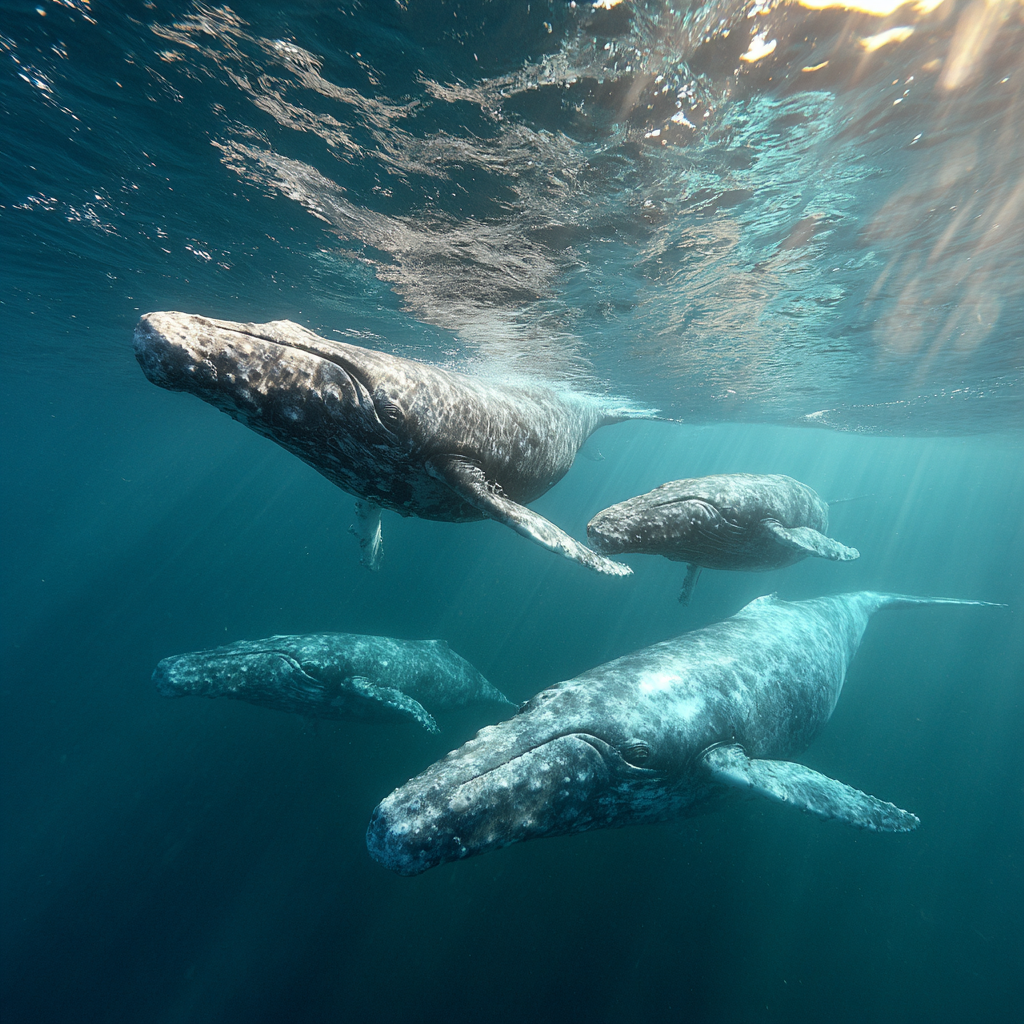 A gray whale approaches visitors in a Baja California lagoon—one of the 'friendly' encounters that transformed the species from feared 'Devil Fish' to beloved icon. Mothers often bring their calves to boats, an extraordinary behavior found nowhere else on Earth.