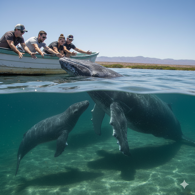 A stranded gray whale—a haunting symbol of the current crisis facing the Eastern North Pacific population. Since 2019, hundreds have washed ashore emaciated and starving, victims of climate-driven changes to their Arctic feeding grounds.