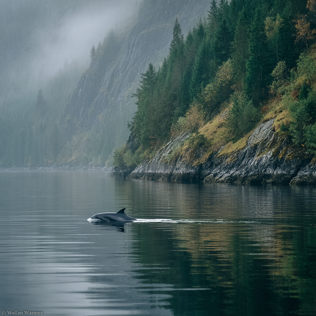 A harbor porpoise surfaces with its characteristic quiet roll—a shy, elusive creature of shallow coastal waters, glimpsed for only a moment before disappearing back beneath the waves.