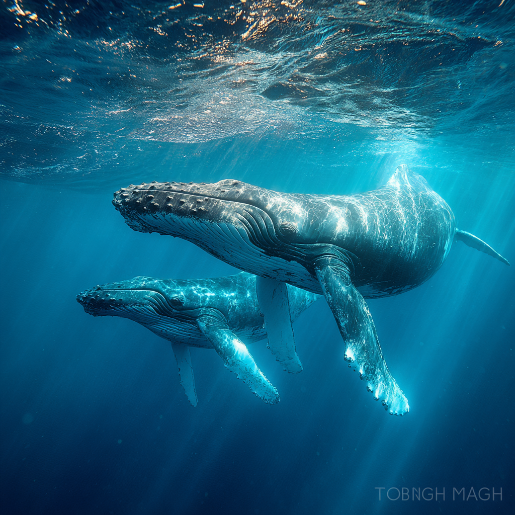 An intimate underwater moment captures the bond between a mother Humpback and her calf in the clear, sunlit waters of a breeding ground - the foundation of humpback society and the reason for their epic migrations.