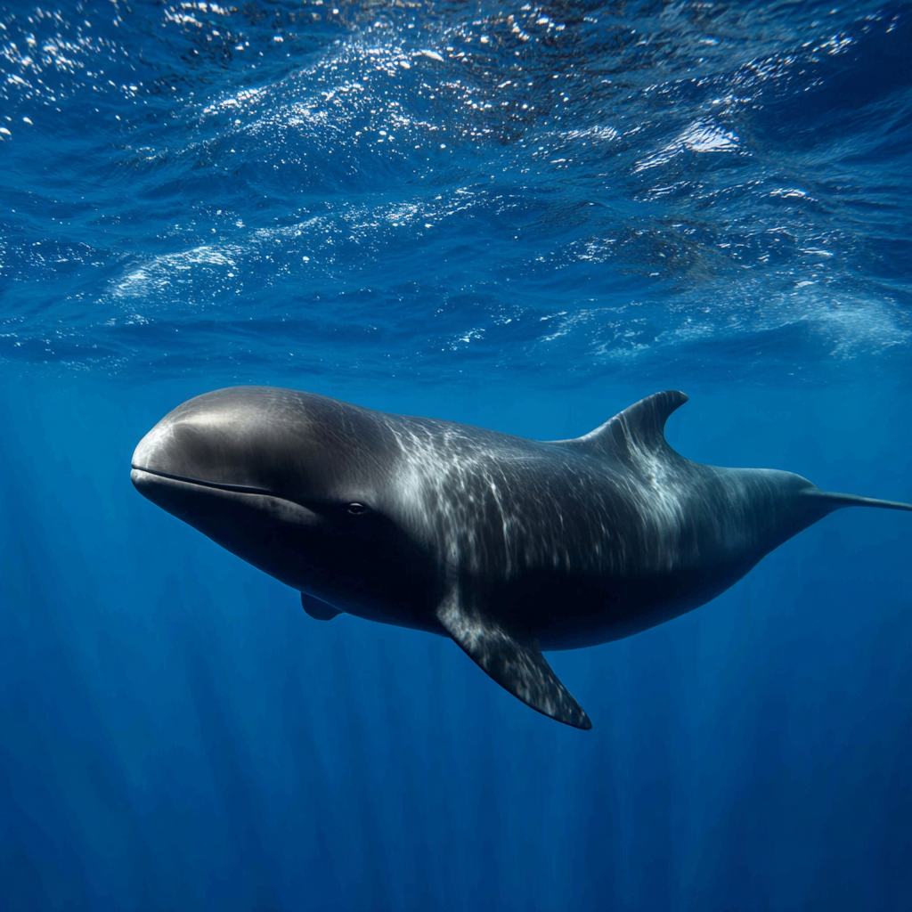 The distinctive melon-headed whale swimming in tropical waters