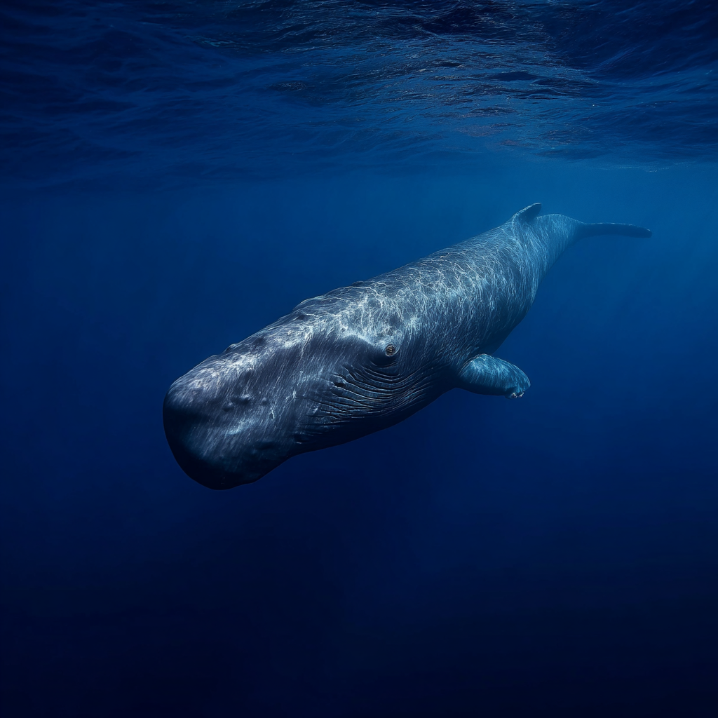 A sperm whale's massive square head—comprising one-third of its body length and containing the enormous spermaceti organ—is instantly recognizable. This biological sonar array produces the loudest sounds made by any animal on Earth.