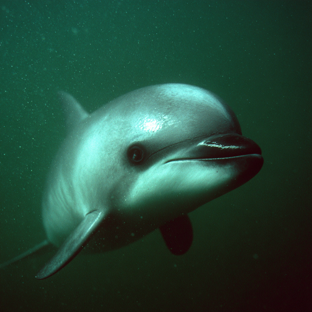 The vaquita—the world's smallest cetacean—displays its distinctive dark eye rings and lips, features that make it instantly recognizable. Fewer than 10 of these shy porpoises remain in the Gulf of California.