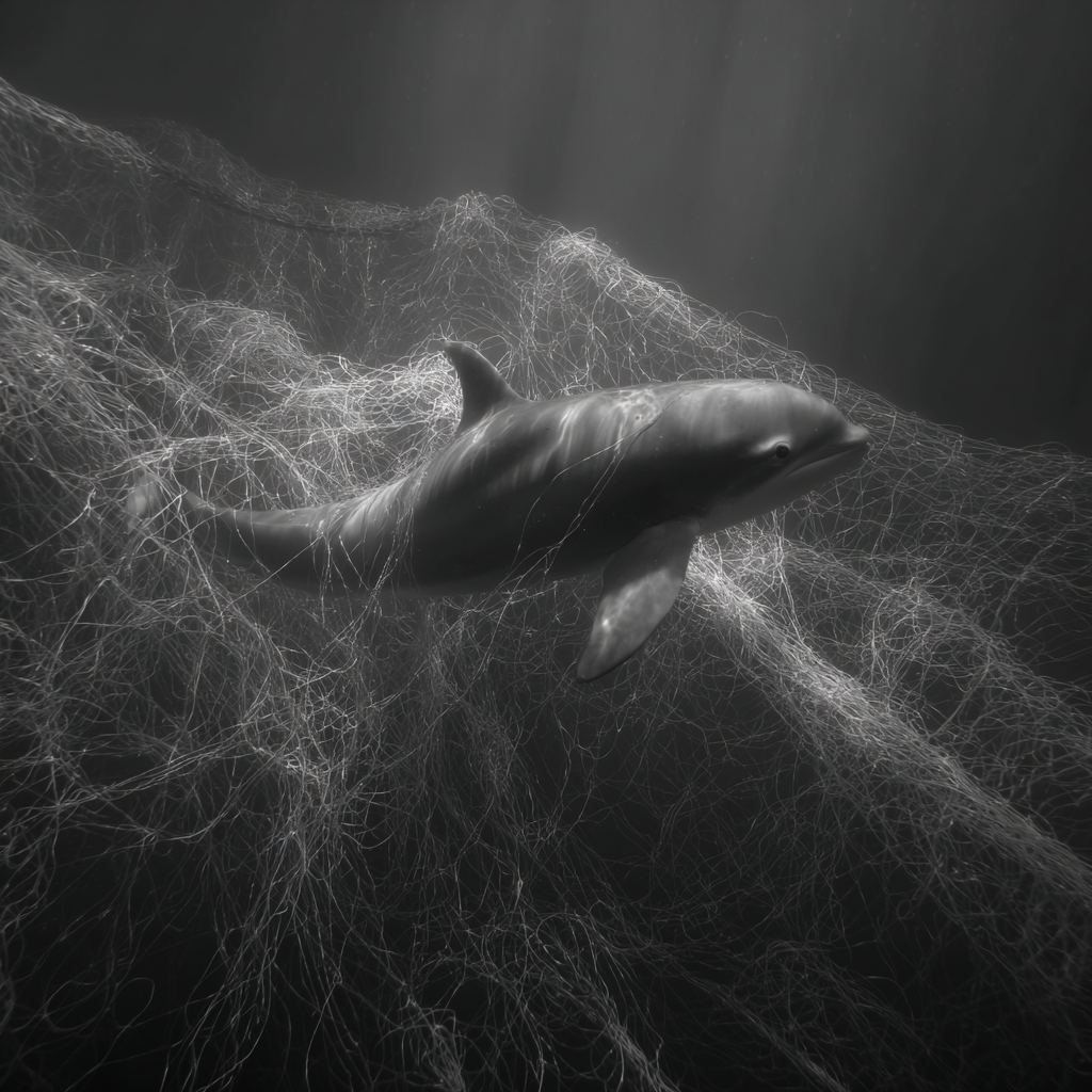 Illegal gillnets set for totoaba fish—the primary cause of vaquita extinction. Despite bans and enforcement efforts, these deadly nets continue to be deployed by criminal enterprises in the Gulf of California.